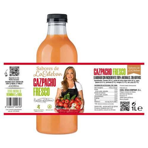 SABORES DE LA ESTEBAN Gazpacho fresco sin aditivos, elaborado con ingredientes de origen 100% natural SABORES DE LA ESTEBAN 1 l.