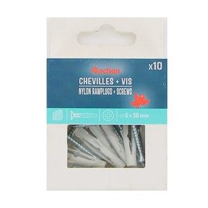 Imagen de Taco nylon y tirafondos 6 x 40 mm, materiales huecos, 10 unidades, ALCAMPO.