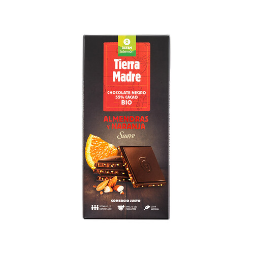 Chocolate negro 55% cacao con almendras y naranja ecológico INTERMÓN OXFAM TIERRA MADRE 100 g.