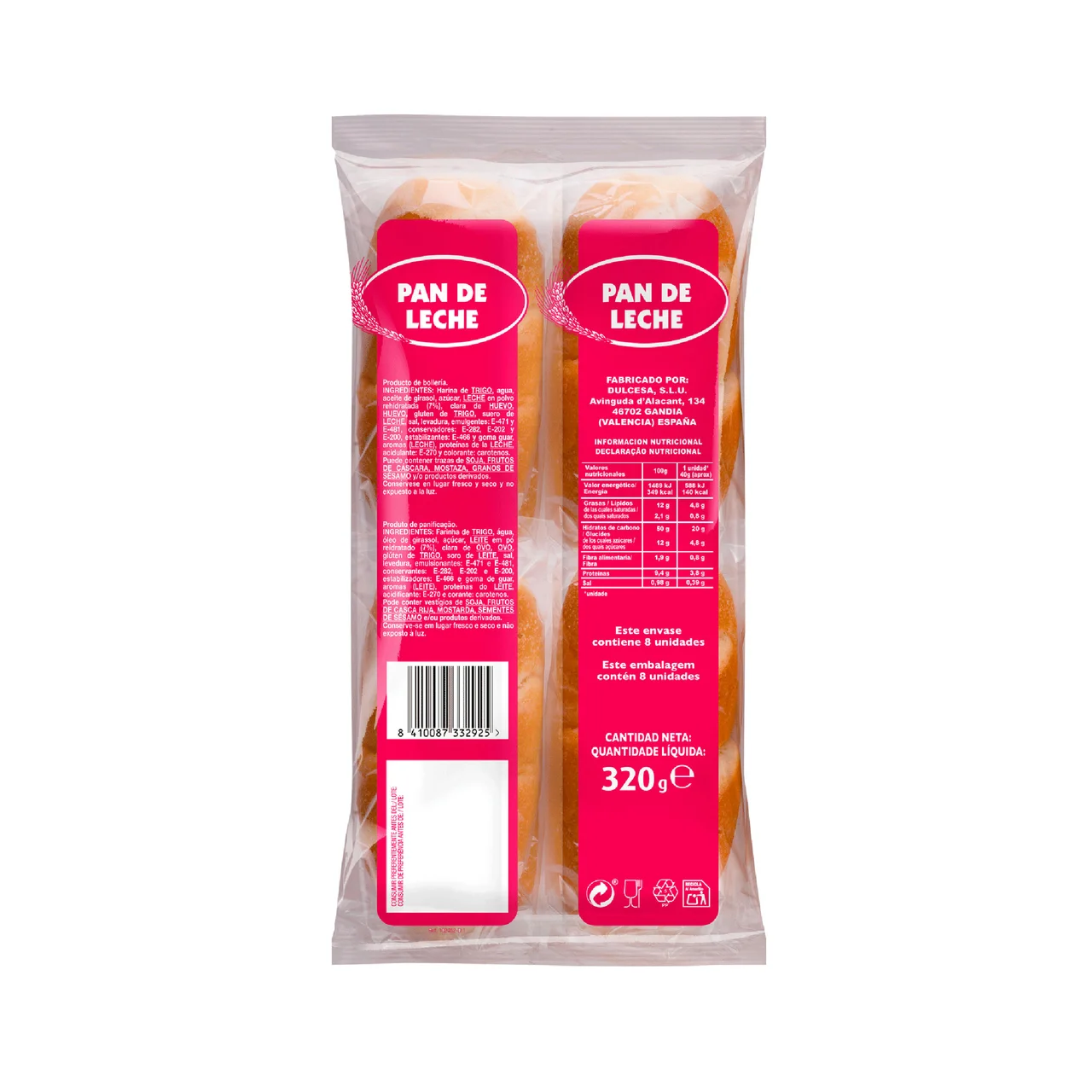 Pan de leche, 8 uds, 320 g.