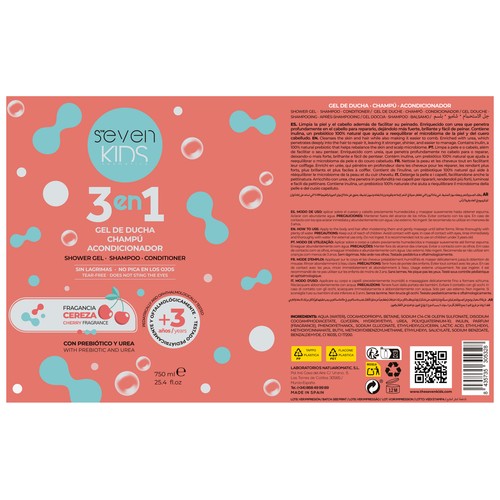 SEVEN Kids Gel, champú y acondicionador infantil con prebiótico y aroma a cereza 750 ml.