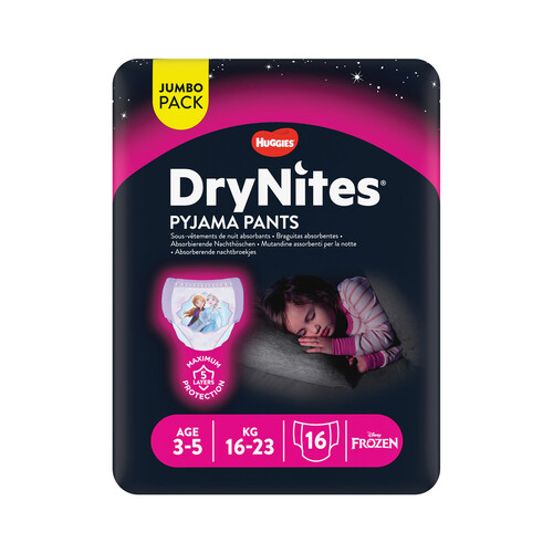DRYNITES Pañales de noche talla 6 (braguitas absorbentes), para niñas de 16 a 23 kilogramos y de 3 a 5 años DRYNITES Pijama pants 16 uds.