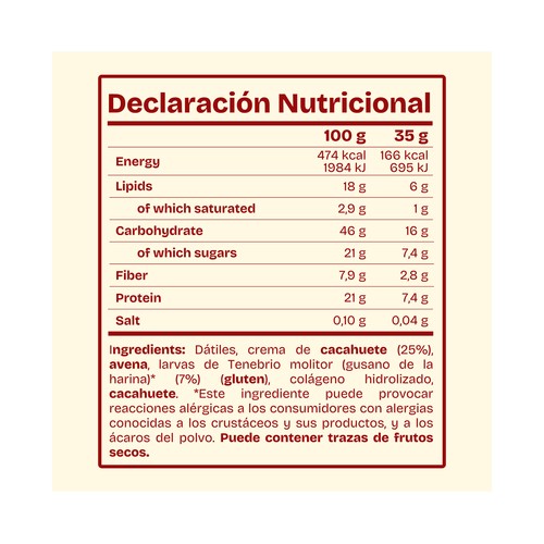 CORIAL Barrita datiles, crema de cacahuete y larvas de gusano de la harina 35 g.