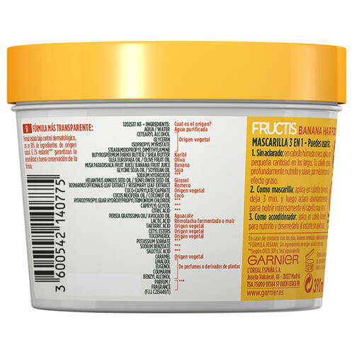 FRUCTIS Mascarilla capilar ultranutritiva con banana, para cabello seco FRUCTIS Hair food de Garnier 390 ml.