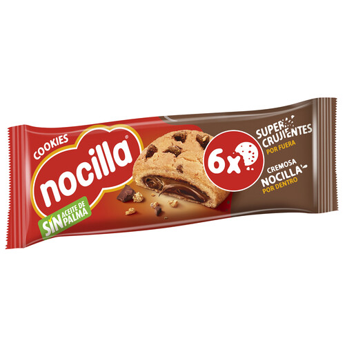 NOCILLA Cookies Galletas con gotas de chocolate, rellenas con crema de cacao con avellanas 6 uds. 20 g.
