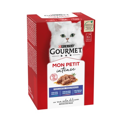 PURINA Gorumet mon petit intense Comida para gatos adultos de atún, salmón y trucha 6 x 50 g.