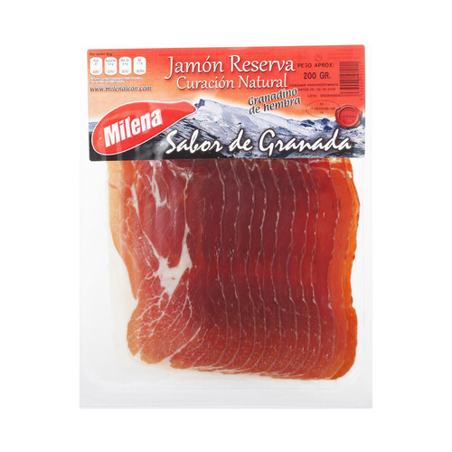 MILENA LEÓN Jamón reserva de hembra, con curación natural, cortado en lonchas MILENA LEÓN 200 g.