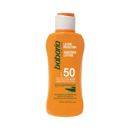 BABARIA Leche solar protectora, con acción aceleradora del bronceado y factor de protección 50 (muy alto) BABARIA 100 ml.