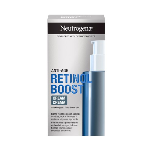 NEUTRÓGENA Retinol boost Crema facial hidratante anti-edad, con retinol puro y ácido Hialurónico 50 ml.