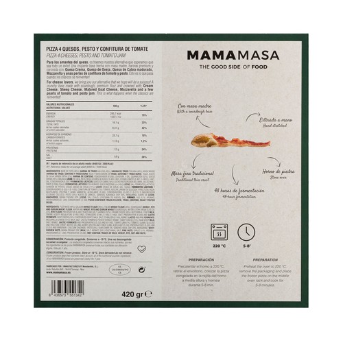MAMAMASA Pizza congelada a los 4 quesos con pesto y confitura de tomate 420 g.