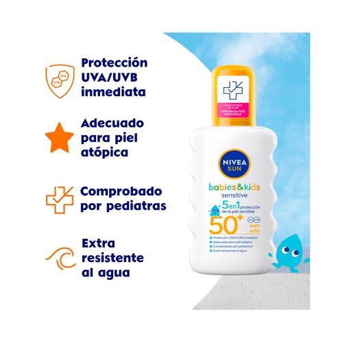 NIVEA Sun babies & kids sensitive Protector (loción) solar infantil 5 en 1 con FPS 50+ (muy alto) 200 ml.