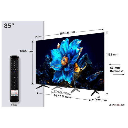 Televisión 215,9 cm (85") QLED TCL 85P7K 4K, Ultra HD, GOOGLE Tv, HDR10.