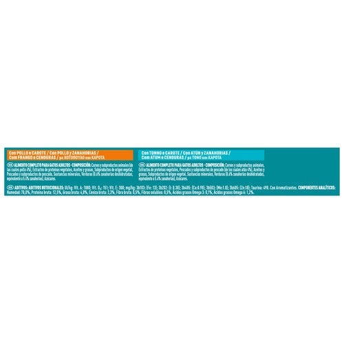PURINA One Comida para gatos sensitive a base de pollo y zanahorias (2) o atún y zanahorias (2) 4 x 85 g.