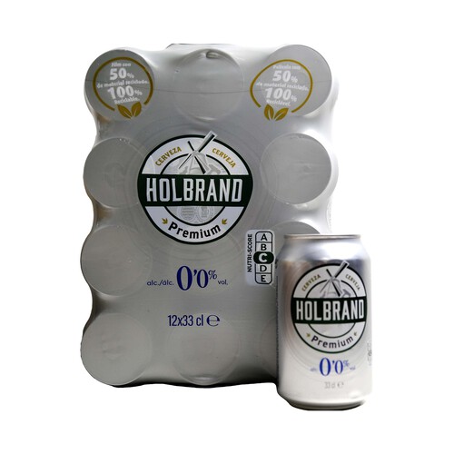HOLBRAND Cerveza sin alcohol  pack de 12 latas de 33 centilitros.