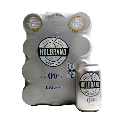 Cerveza sin alcohol HOLBRAND, pack de 12 latas de 33 centilitros.