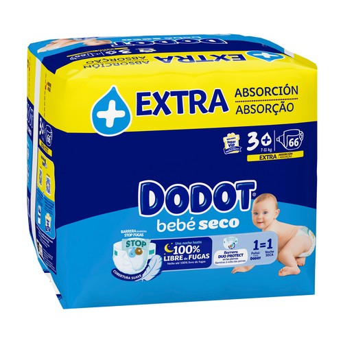 DODOT Bebé-seco Pañales talla 3+ (7-11 kg) 66 uds.