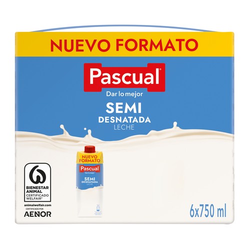 PASCUAL Leche semidesnatada de vaca con certificado de bienestar animal 6 x 750 ml.