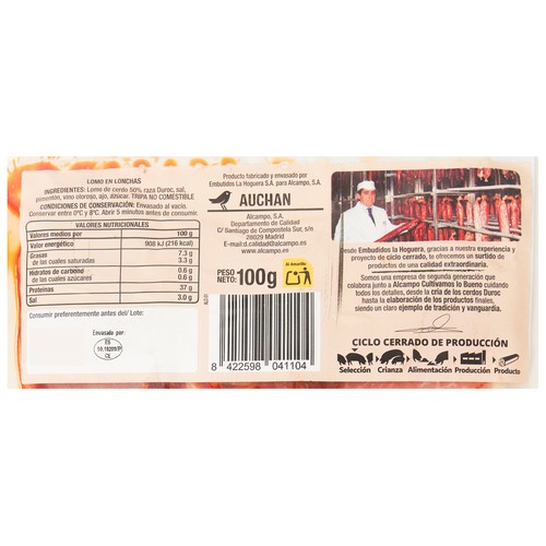 ALCAMPO CULTIVAMOS LO BUENO  Lomo curado (50% raza Duroc), cortado en lonchas  100 g.
