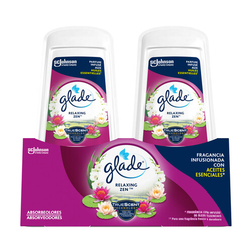 GLADE Relaxing zen Ambientador absorbeolores con fragancia infusinada con aceites esenciales 2 x 150 g.