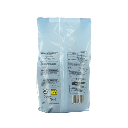 PRODUCTO ALCAMPO Cereales desayuno de arroz y maíz, pétalos de chocolate, sin gluten PRODUCTO ALCAMPO 400 g.