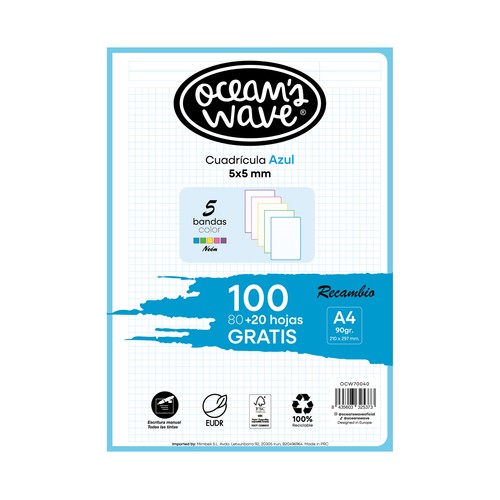 Recambios de papel A4 cuadrícula 5x5mm, 80 hojas + 20 hojas gratis, 5 colores, 90gr. OCEAN´S WAVE