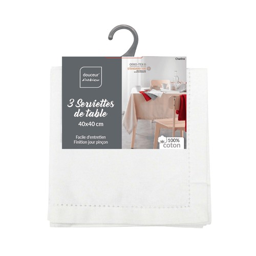 Pack de 3 servilletas color blanco, 100% algodón, 40x40cm, U10