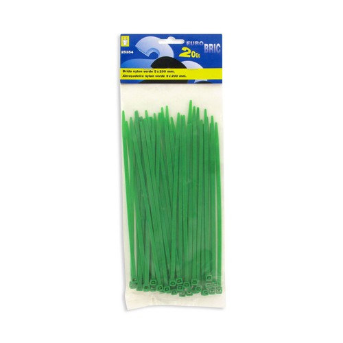Bolsa con 50 bridas de nylon de color verde y con medidas de 5 x 200 milímetros EUROBRIC 2000.