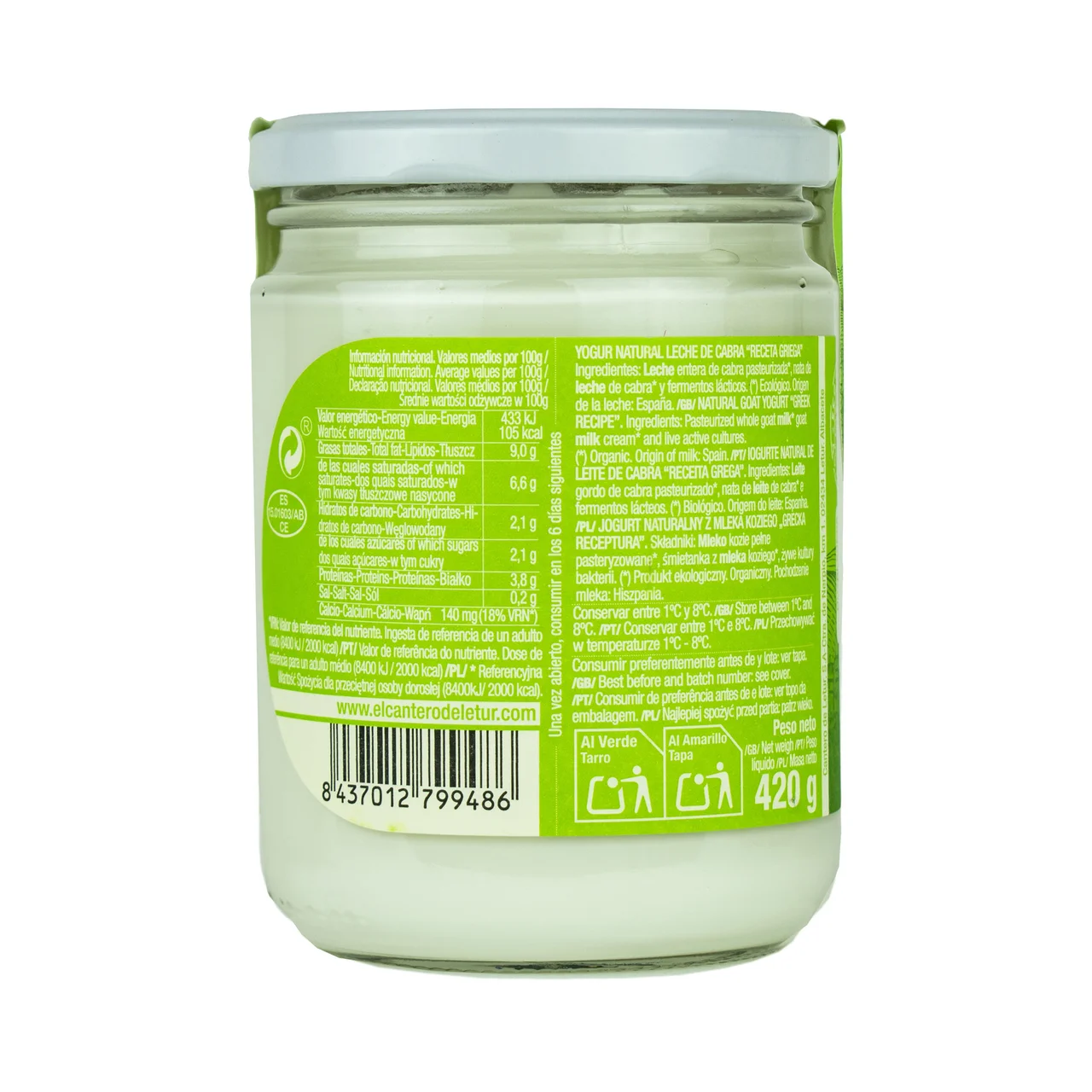 CANTERO DE LETUR Yogur griego natural ecológico de cabra 420 g.