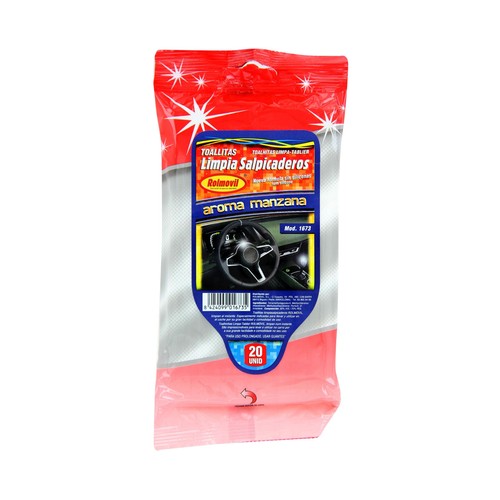 Paquete de 20 toallitas limpiadoras de salpicaderos con olor a manzana ROLMOVIL.