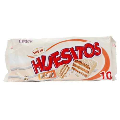 HUESITOS Barritas de chocolate blanco, crujientes y con relleno sabor nata 10 uds. 20 g.