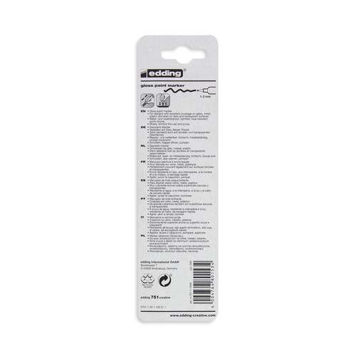Marcador permanente, punta redonda, grosor 1-2mm, tinta opaca brillante color blanco EDDING 751 cr.