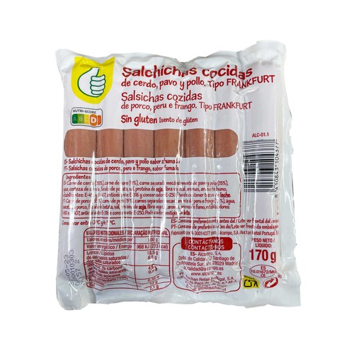 Salchichas cocida de pavo y cerdo tipo Frankfurt y sabor ahumado PRODUCTO ECONÓMICO ALCAMPO 170 g.
