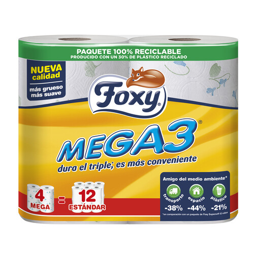 FOXY Mega 3  Papel higiénico triple capa 4 rollos