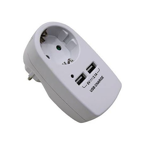 Clavija adaptadora a 1 toma Schuko, 2 tomas USB de 2.1A EUROBRIC 2000.