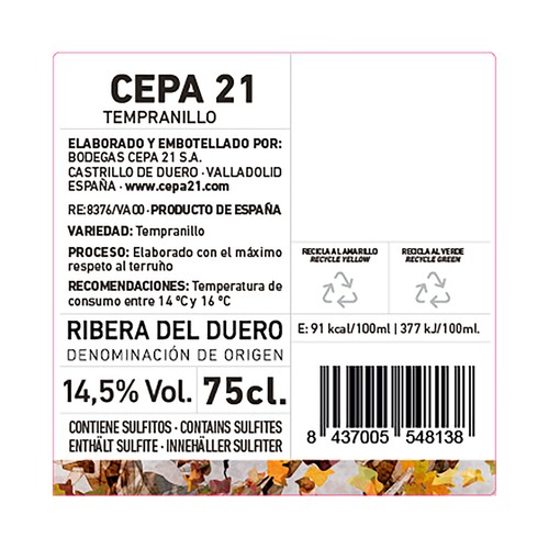 CEPA 21 Vino tinto con D.O. Ribera del Duero botella 75 cl.