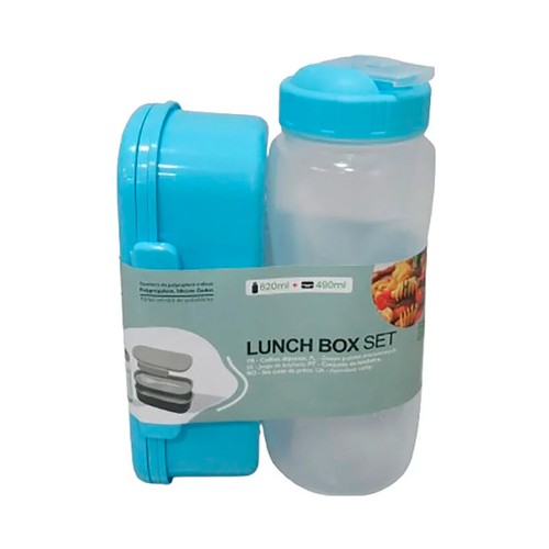 Set 490ml fiambrera, botella 620ml plástico, color azul. ACTUEL