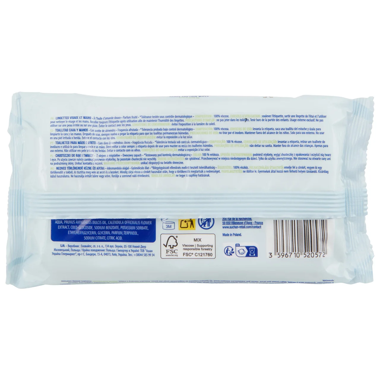 PRODUCTO ALCAMPO Toallitas húmedas con aceite de almendras, para la limpieza de cara y manos 40 uds.