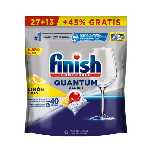 Detergente para lavavajillas con limón desengrasante FINISH QUANTUM 40 uds.
