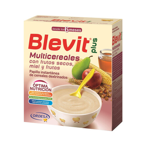 Papilla instantánea multicereales, con frutos secos, miel y frutas, para bebés a partir de 6 meses BLEVIT Plus 600 g.