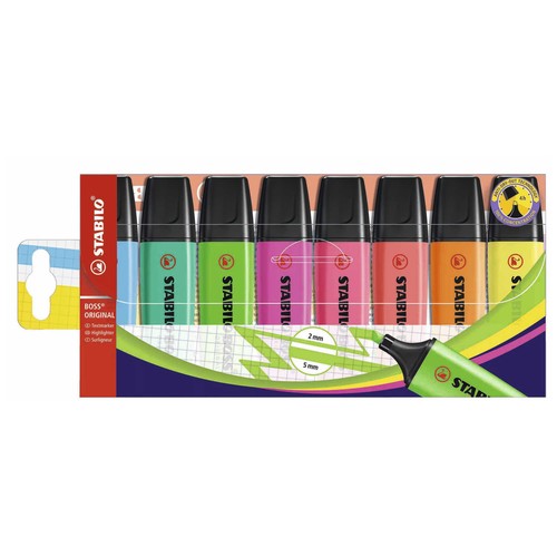 Estuche transparente de 8 marcadores fluor, STABILO BOSS ORIGINAL.