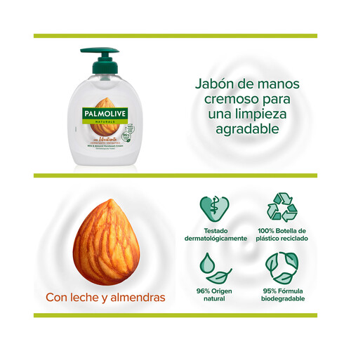 PALMOLIVE Jabón hidratante de manos líquido sin jabón, enriquecido con leche y almendras PALMOLIVE Naturals 300 ml.