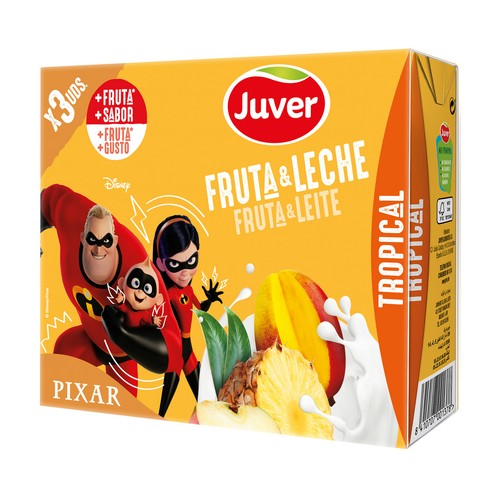 JUVER Leche con zumo de frutas tropicales (piña, mango, manzana) 3 x 200 ml.