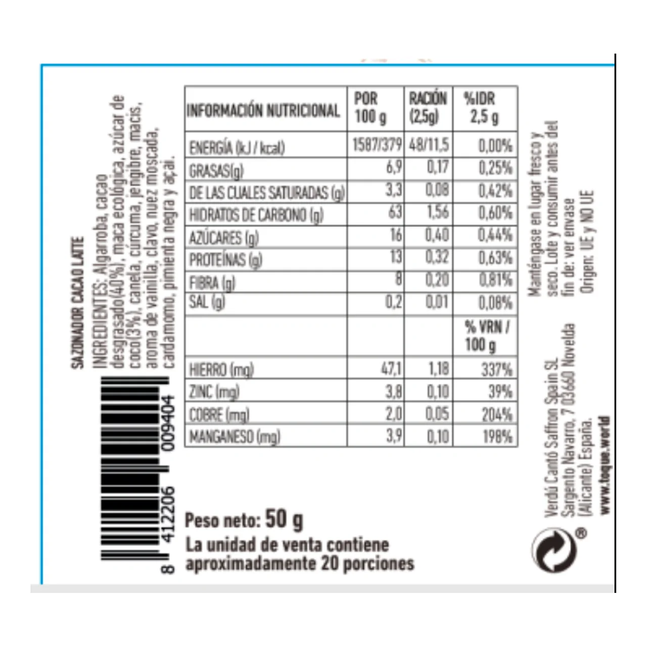 Sazonador para bebidas cacao latte 50gr