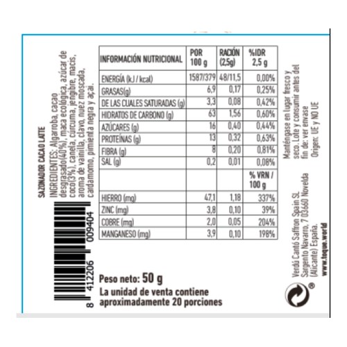 TOQUE Sazonador para bebidas cacao latte 50gr