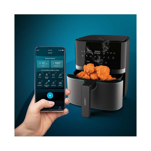 Freidora de aire, 5,5L, 1700W, CECOTEC Cecofry Full InoxBlack 5500 Connected Pack,  WiFI, APP, 8 programas.