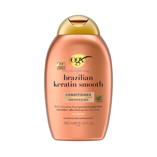 OGX Acondicionador con keratina alisante de Brasil y aceite de coco, para cabellos rizados, ondulados o encrespados 385 ml.