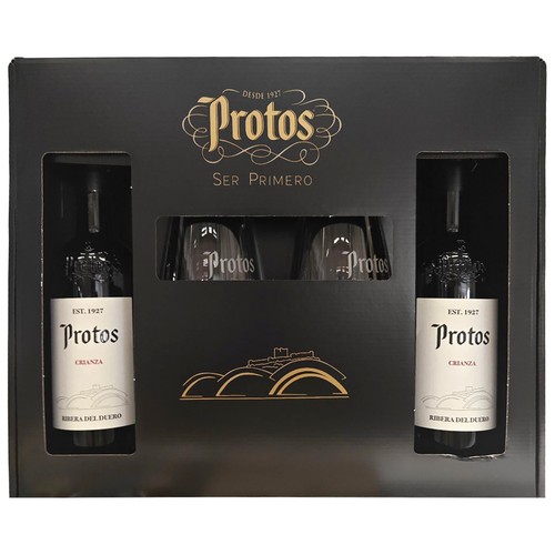 Estuche con 2 botellas de vino tinto crianza con denominación de origen Ribera del Duero + 2 copas PROTOS.