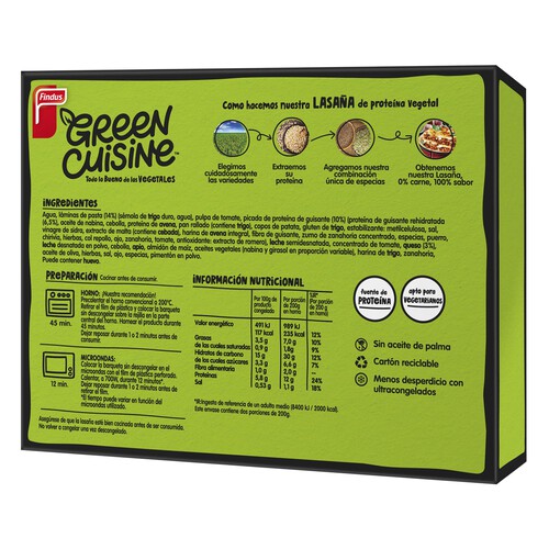 FINDUS Lasaña de proteína vegetal pata para vegetarianos Green cuisine 400 g.