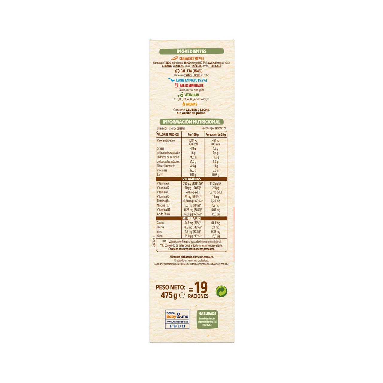 Papilla de 8 cereales con galleta Maria y sin azúcares añadidos, a partir de 6 meses 475 g.