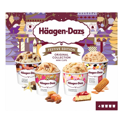 HÄAGEN-DAZS Festive edition Mini tarrinas de helados surtidos (vainilla, praline, caramleo con lotus y tarta de queso) 4 x 95 ml.